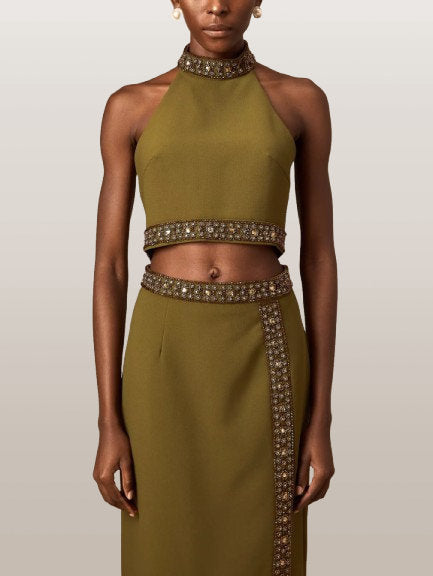 Beaded-Trim Crop Halter Top and Skirt Set - Suits & Sets