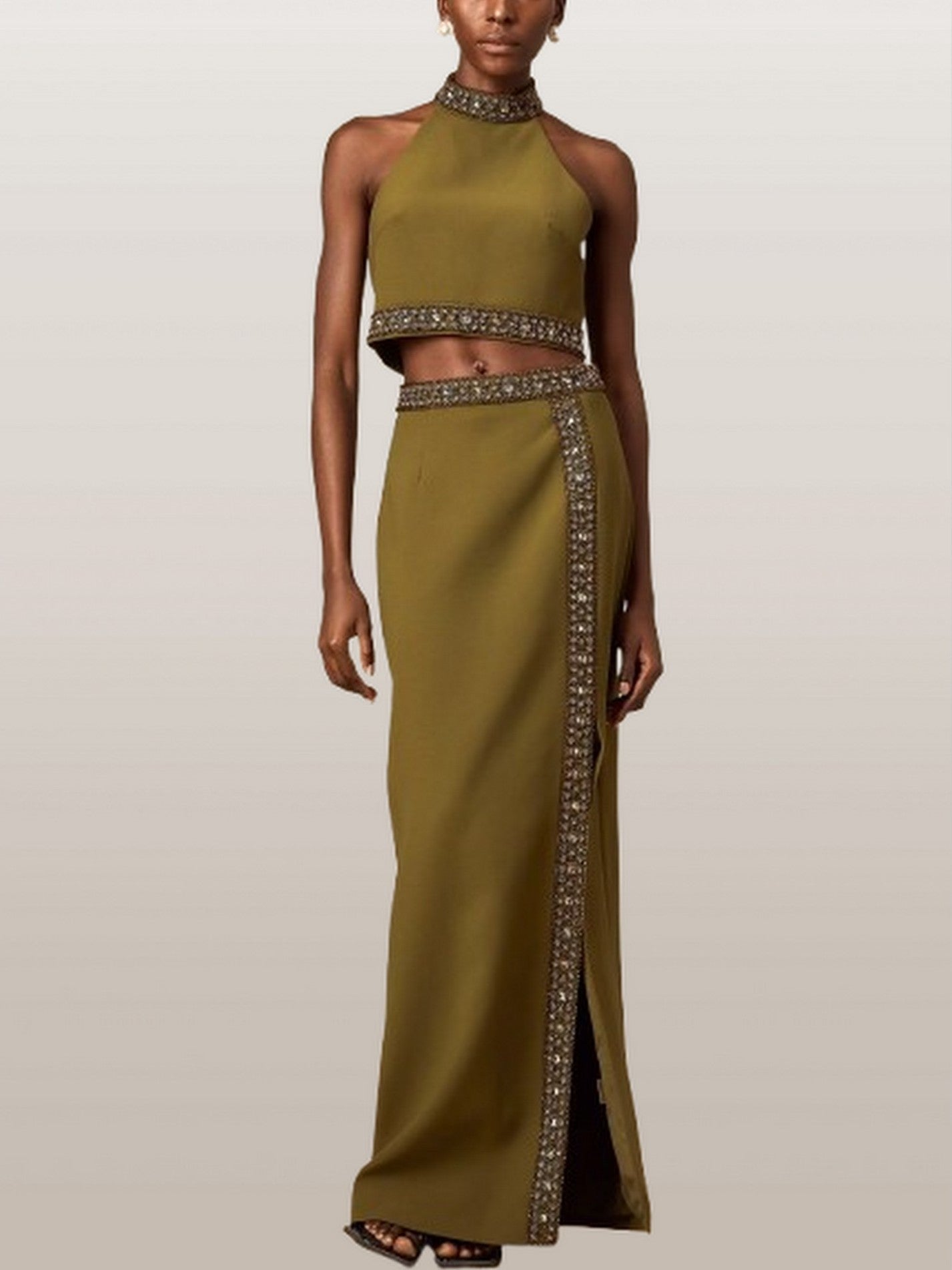 Beaded-Trim Crop Halter Top and Skirt Set - Suits & Sets
