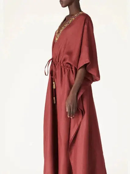 Beaded V-Neck Drawstring-Waist Kaftan Dress - Dresses