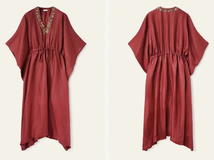 Beaded V-Neck Drawstring-Waist Kaftan Dress - Dresses