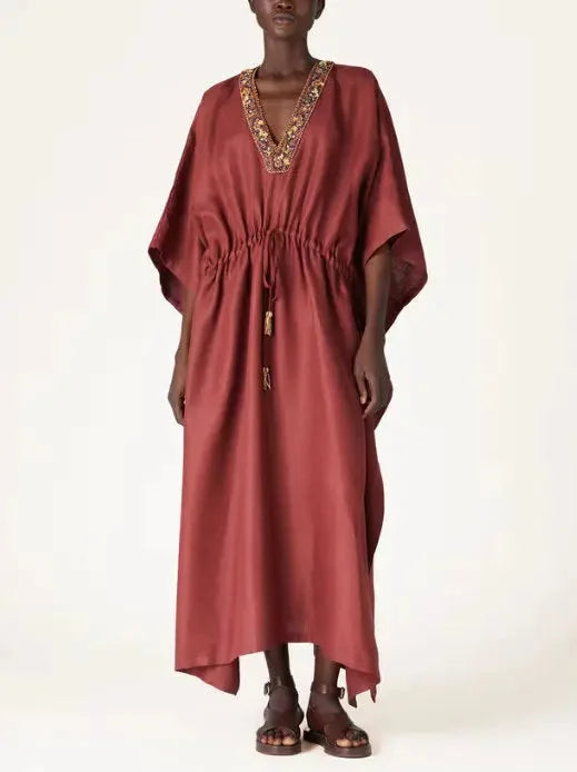 Beaded V-Neck Drawstring-Waist Kaftan Dress - Dresses