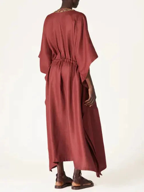 Beaded V-Neck Drawstring-Waist Kaftan Dress - Dresses