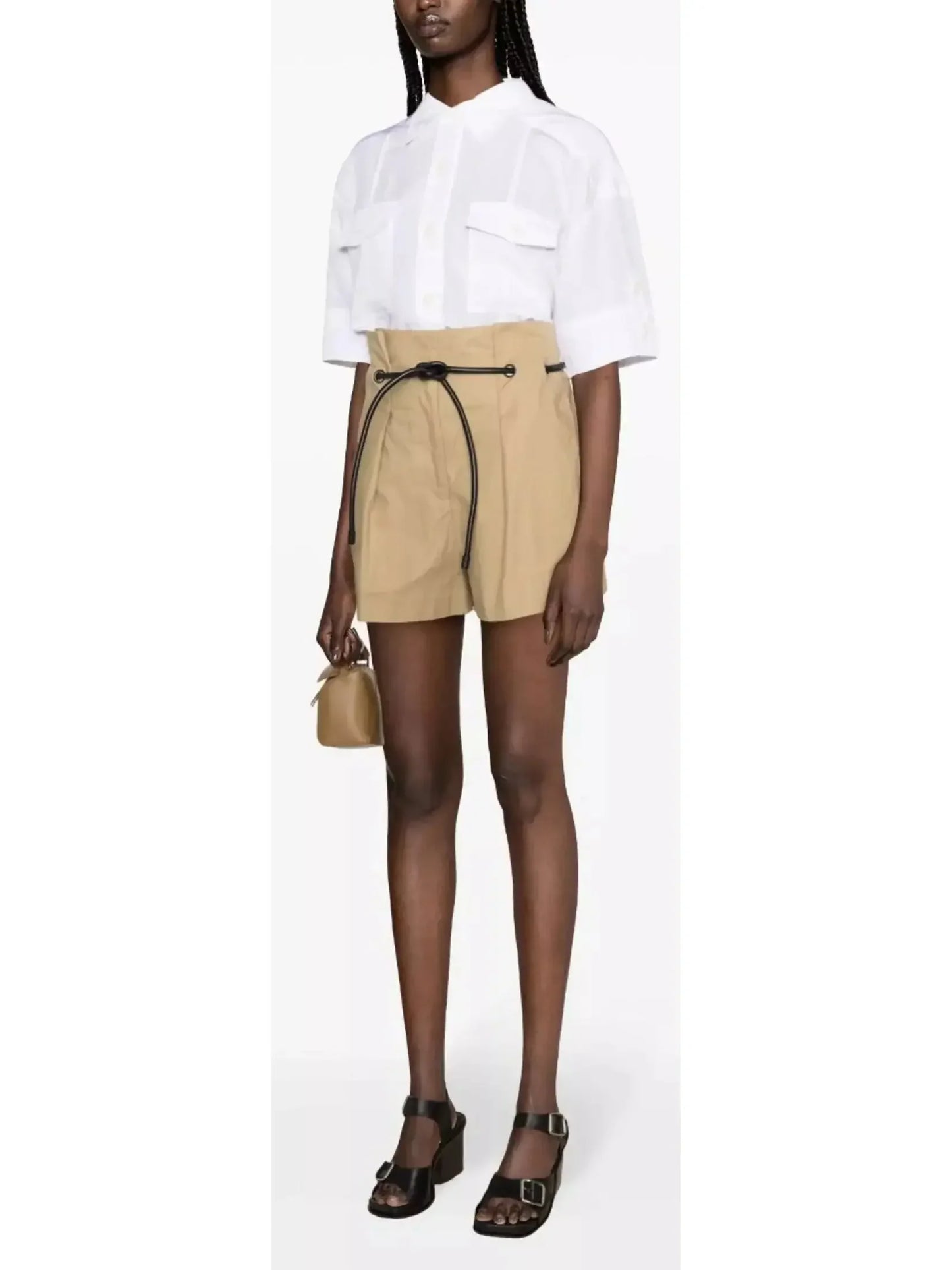 Beige Belted Origami Shorts - Jeans & Pants
