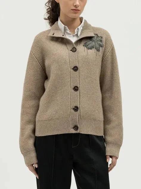 Beige Cashmere Cardigan with Floral Appliqué - Sweaters & Knitwear