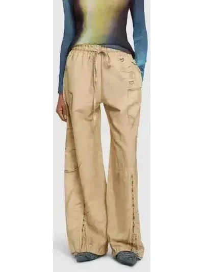 Beige Cotton Cargo Wide-Leg Pants - Jeans & Pants