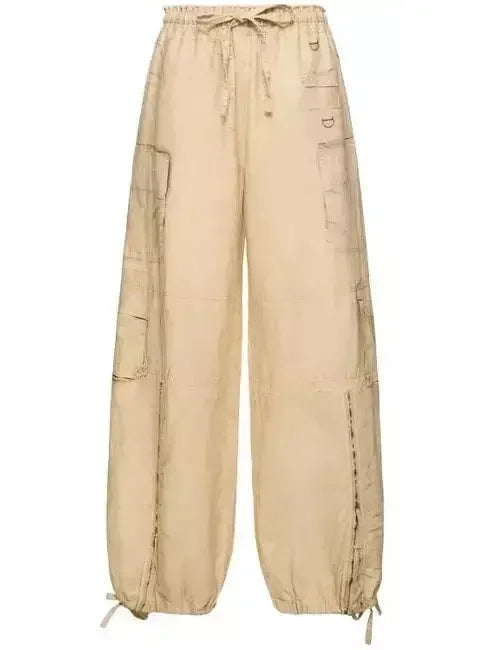 Beige Cotton Cargo Wide-Leg Pants - Jeans & Pants