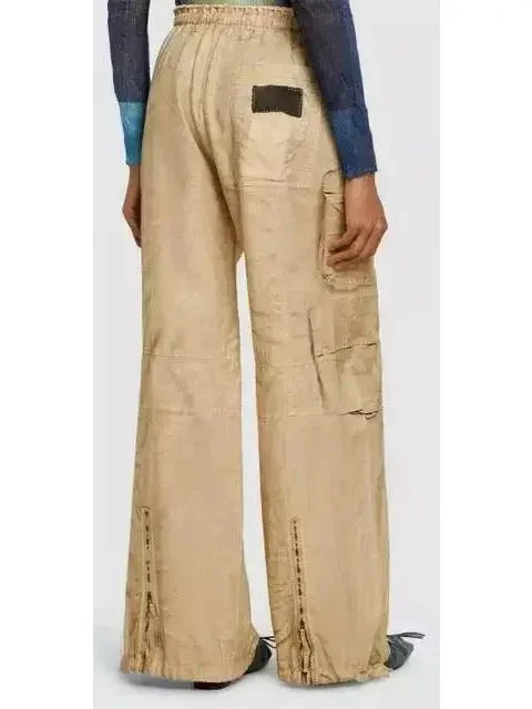 Beige Cotton Cargo Wide-Leg Pants - Jeans & Pants