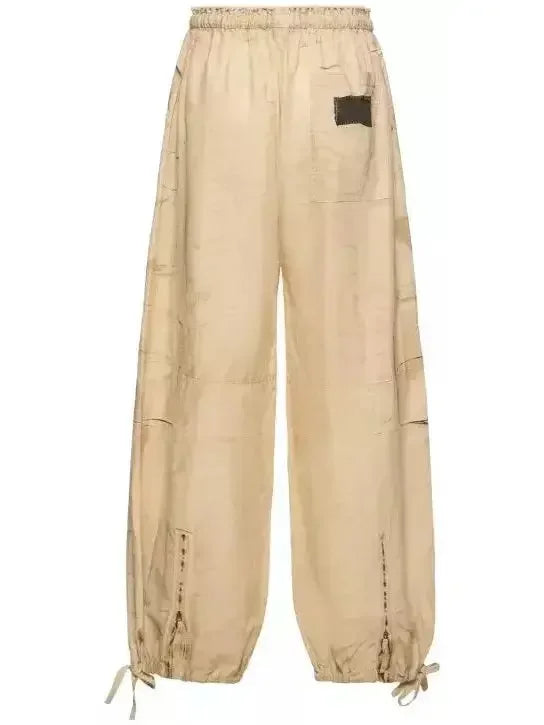 Beige Cotton Cargo Wide-Leg Pants - Jeans & Pants