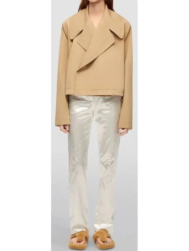 Beige Cotton Cropped Trench Jacket - Jackets
