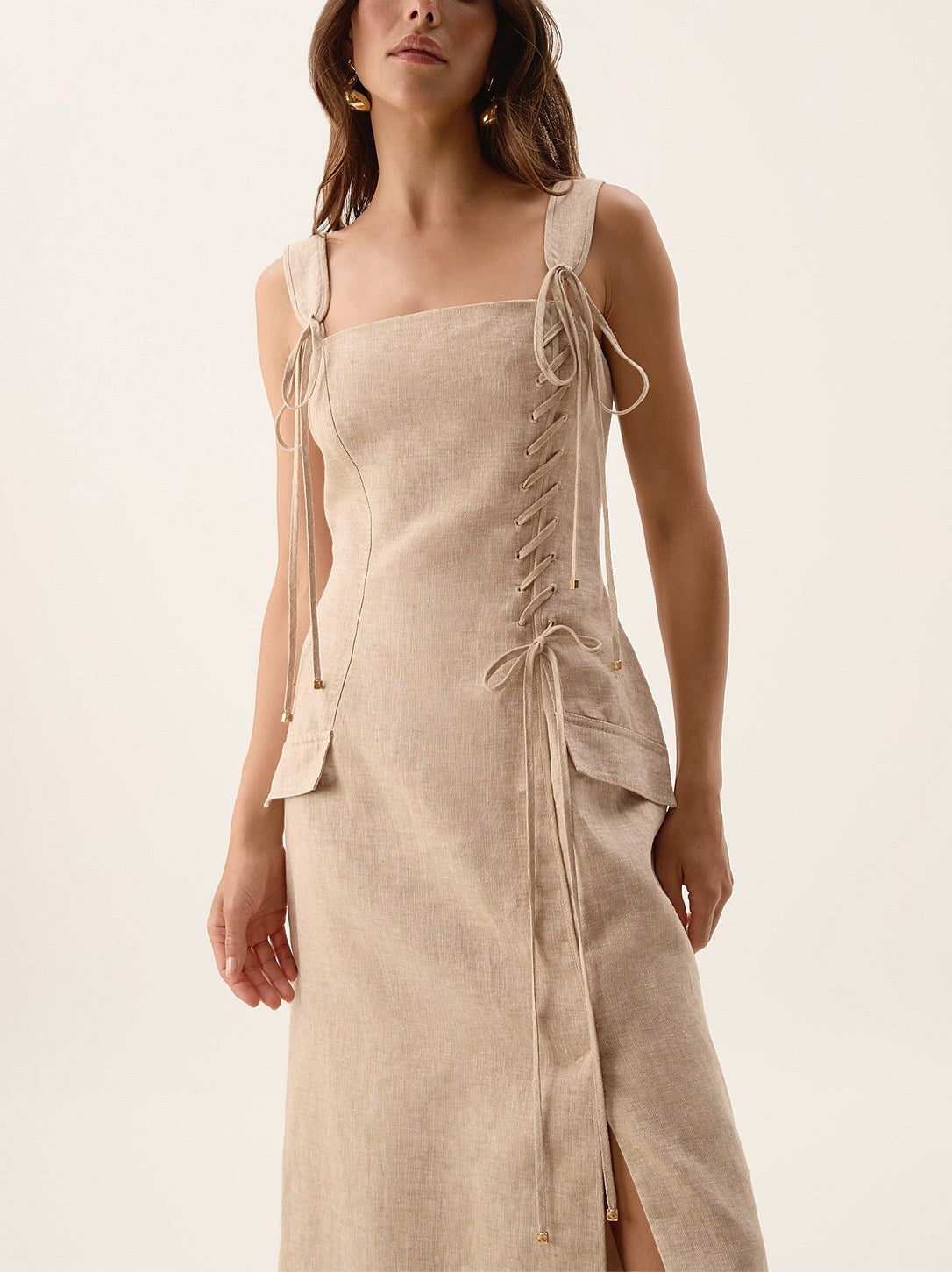 Beige Linen Side-Lace-Up Midi Dress - Dresses