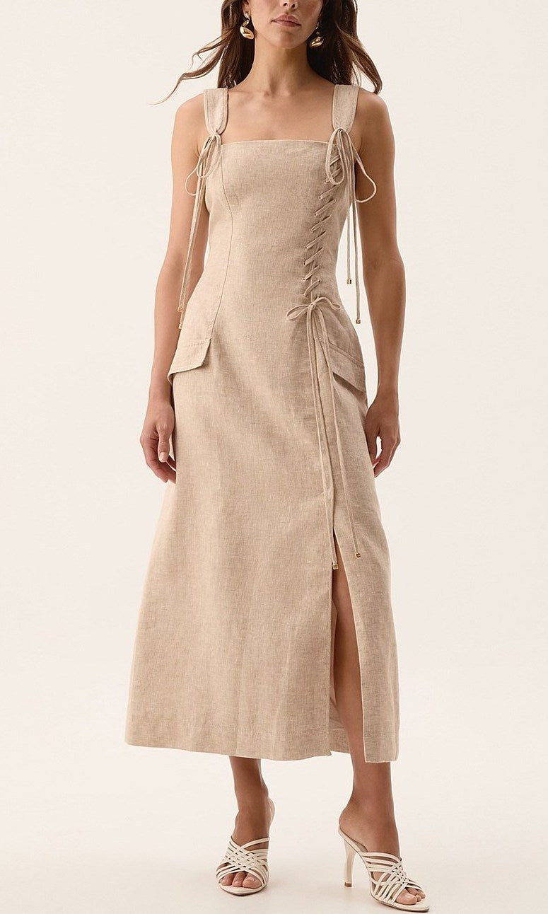 Beige Linen Side-Lace-Up Midi Dress - Dresses