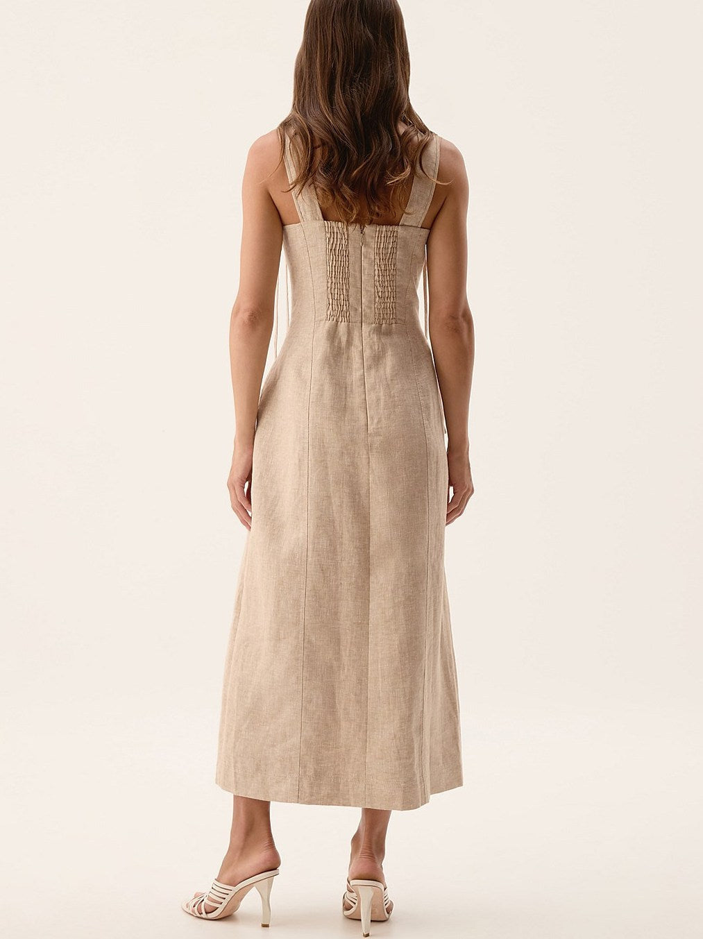 Beige Linen Side-Lace-Up Midi Dress - Dresses