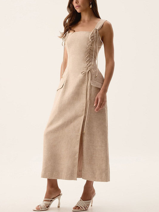Beige Linen Side-Lace-Up Midi Dress - Dresses