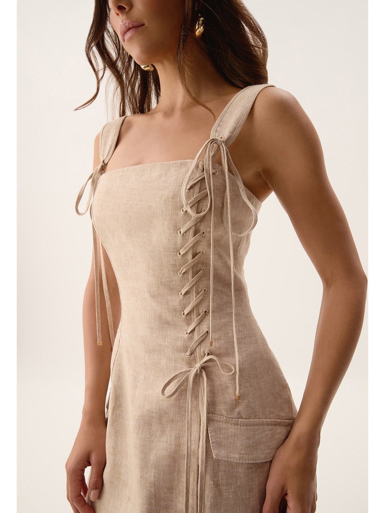 Beige Linen Side-Lace-Up Midi Dress - Dresses