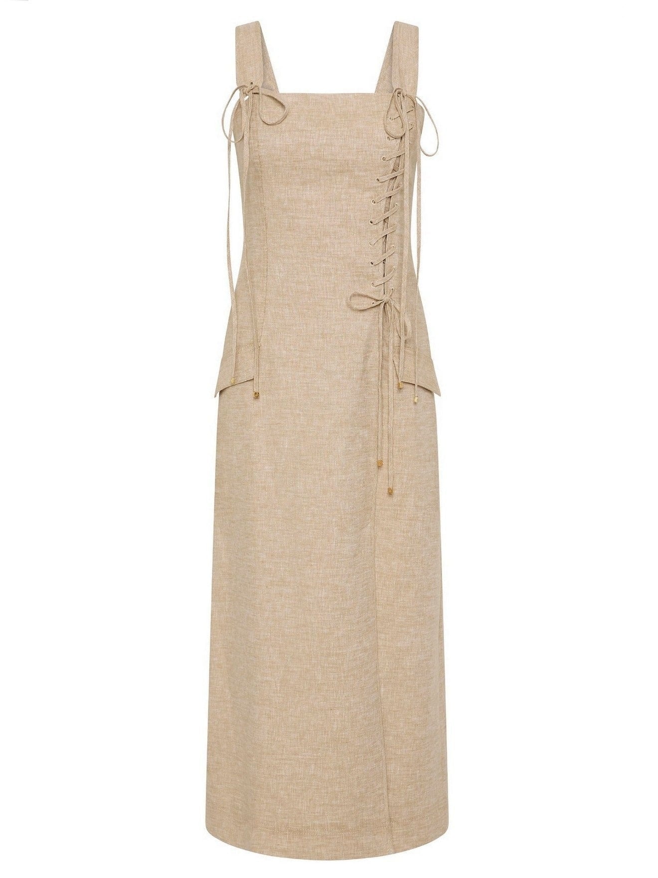 Beige Linen Side-Lace-Up Midi Dress - Dresses