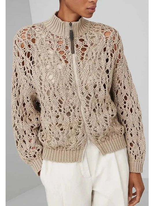 Beige Open-Knit Cotton Cardigan Sweater - Sweaters & Knitwear