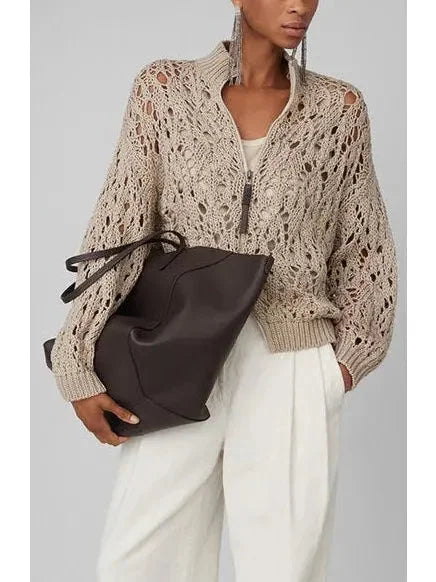 Beige Open-Knit Cotton Cardigan Sweater - Sweaters & Knitwear