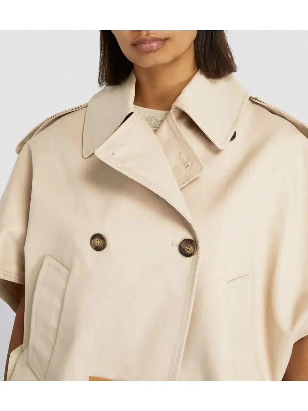 Beige Short-Sleeve Trench Jacket with Buckled Leather Belt Tab - Jackets