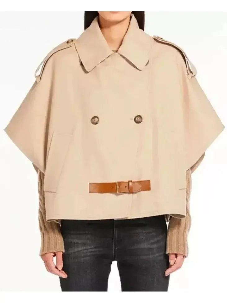 Beige Short-Sleeve Trench Jacket with Buckled Leather Belt Tab - Jackets