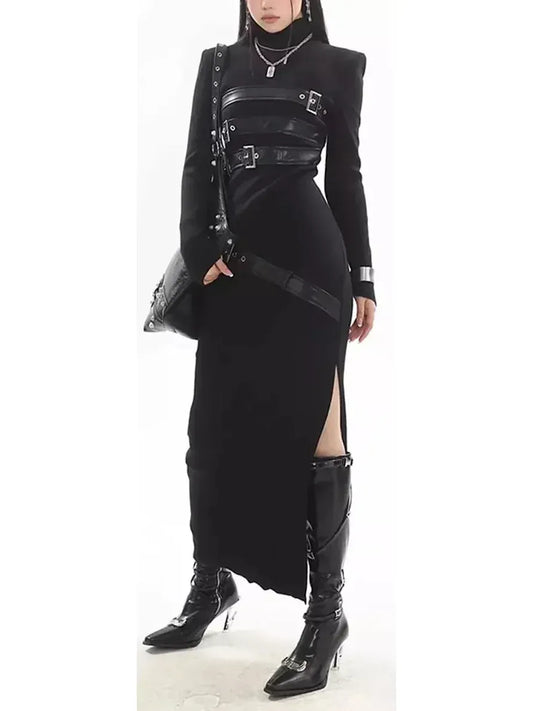 Belt-Embellished High-Neck Maxi Dress - Dresses