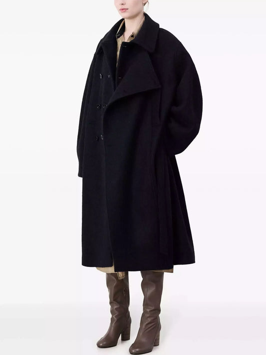 Belted Bathrobe Style Wool Coat in Black - Coats