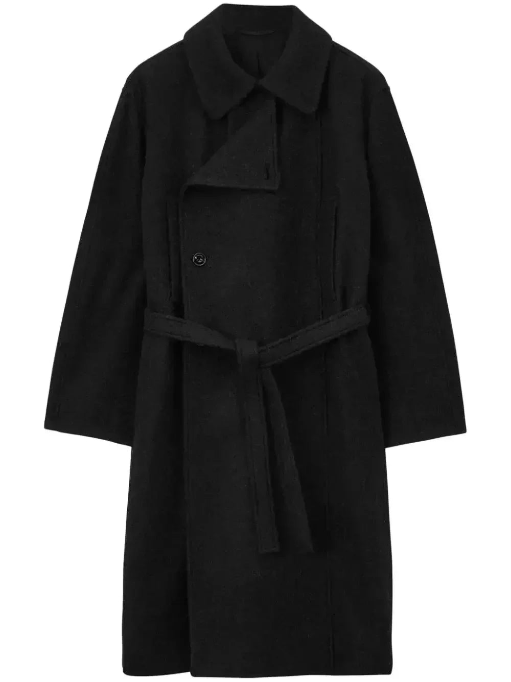 Belted Bathrobe Style Wool Coat in Black - Coats