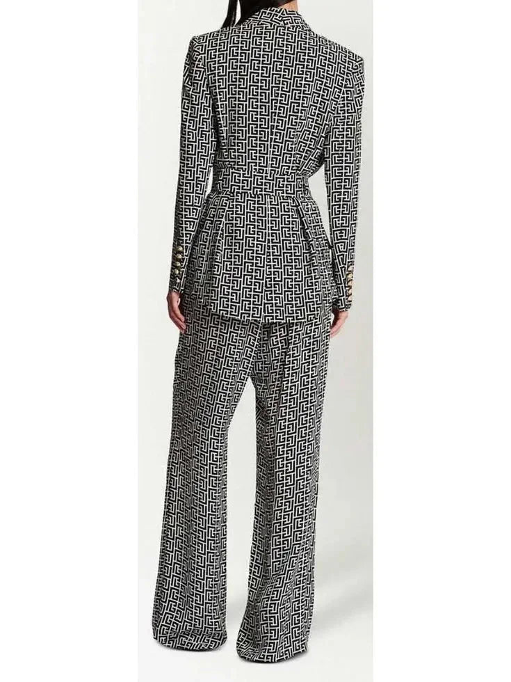 Belted Black and White Monogram Double-Breasted Blazer and Pant Suit - Suits & Sets