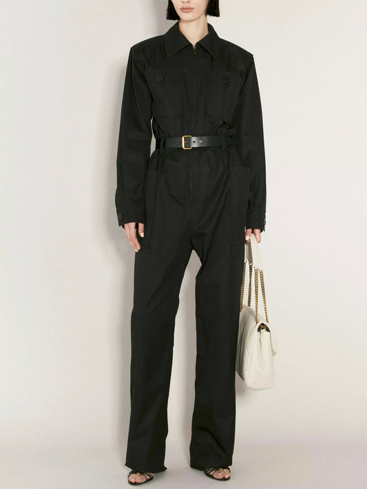 Belted Black Cotton Cargo Jumpsuit - Suits & Sets