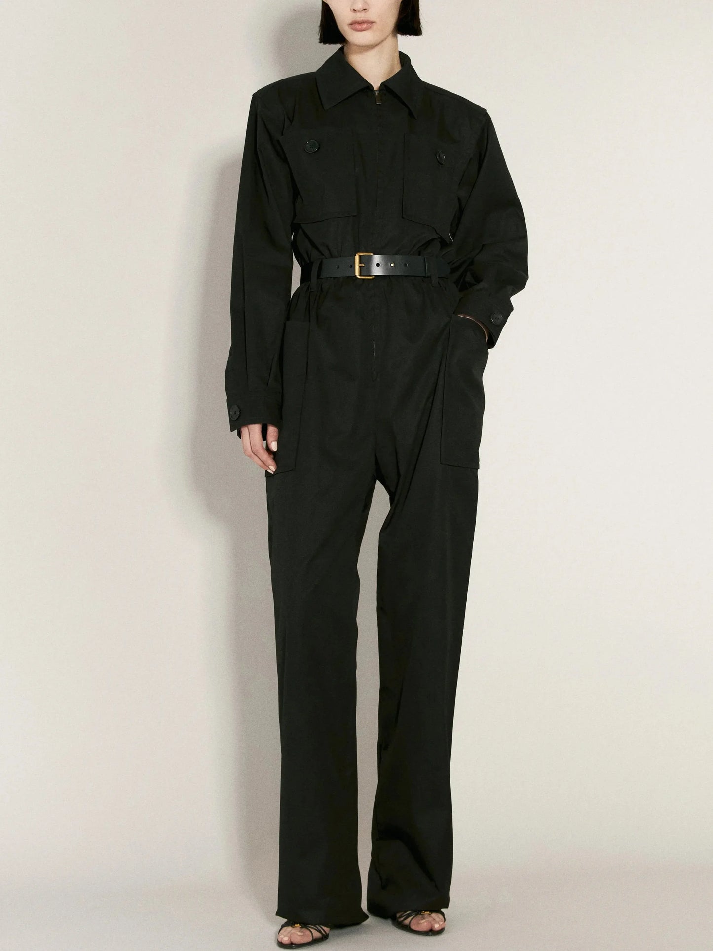 Belted Black Cotton Cargo Jumpsuit - Suits & Sets