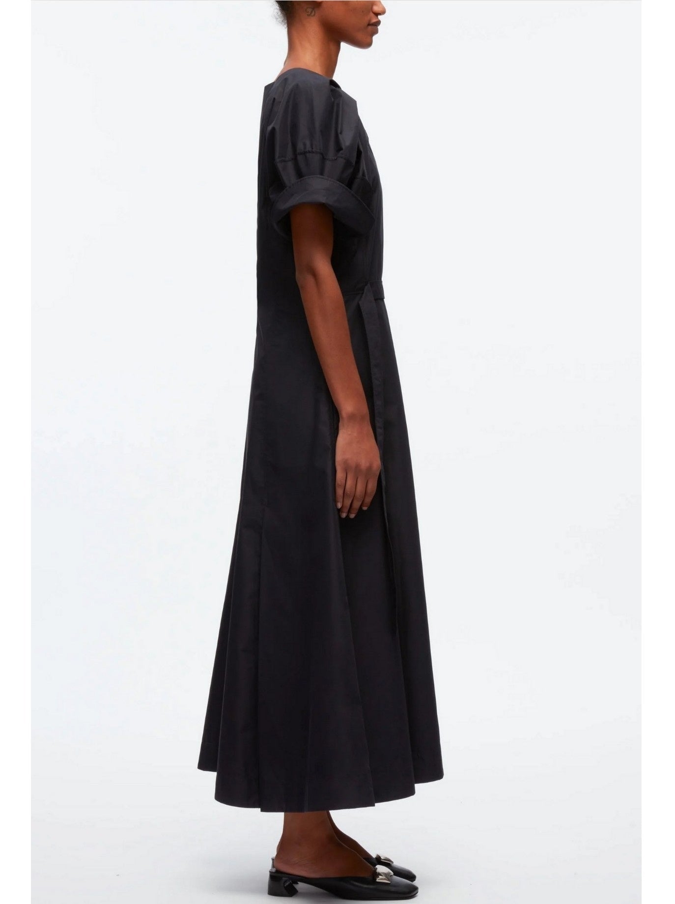 Belted Black Cotton Puff-Sleeve Midi Dress - Dresses
