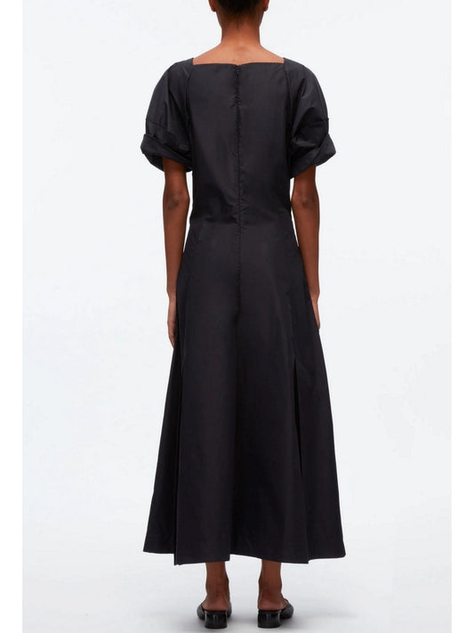 Belted Black Cotton Puff-Sleeve Midi Dress - Dresses