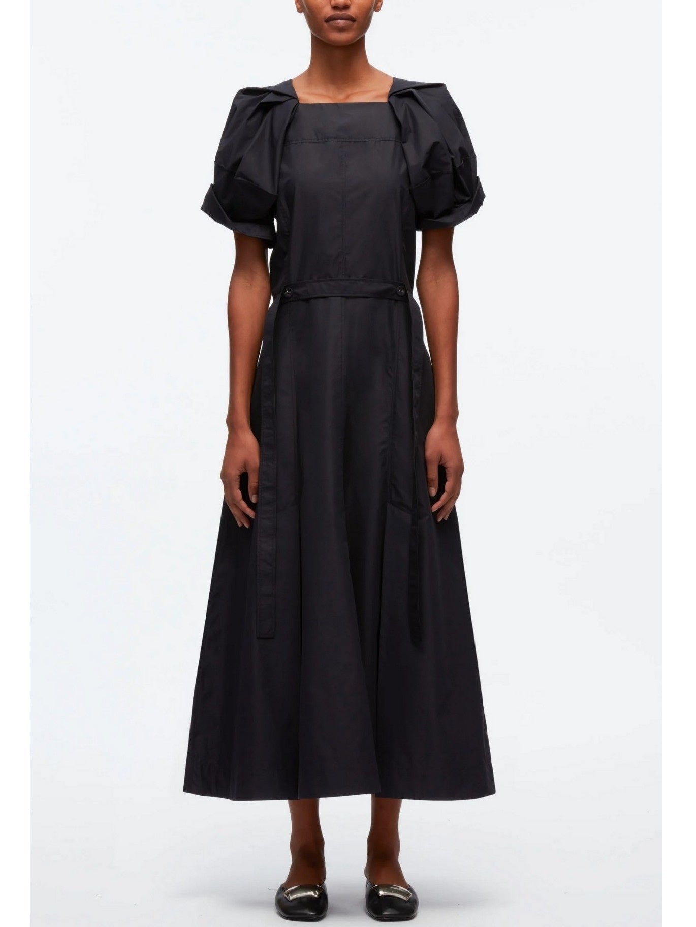 Belted Black Cotton Puff-Sleeve Midi Dress - Dresses