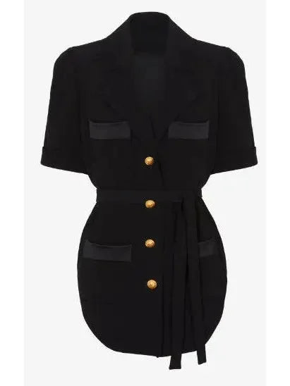 Belted Black Crepe Safari Shirt - Tops