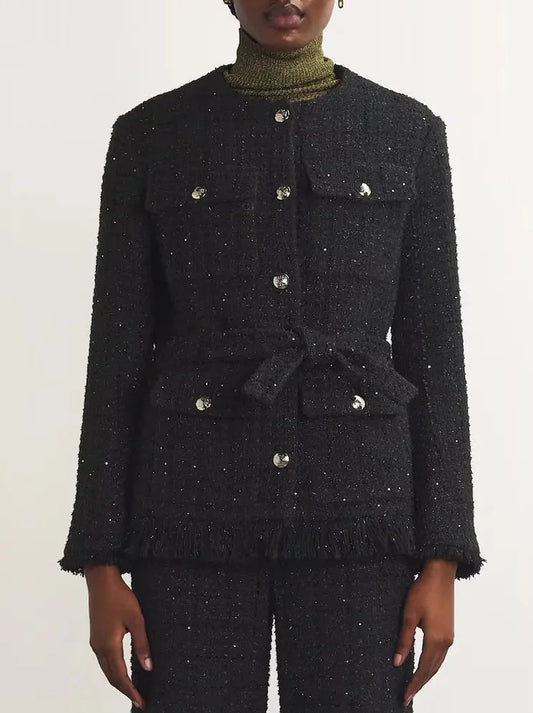 Belted Black Fringed Tweed Jacket with Metallic Threading - Jackets