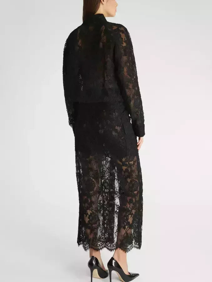 Belted Black Lace Midi Skirt - Skirts