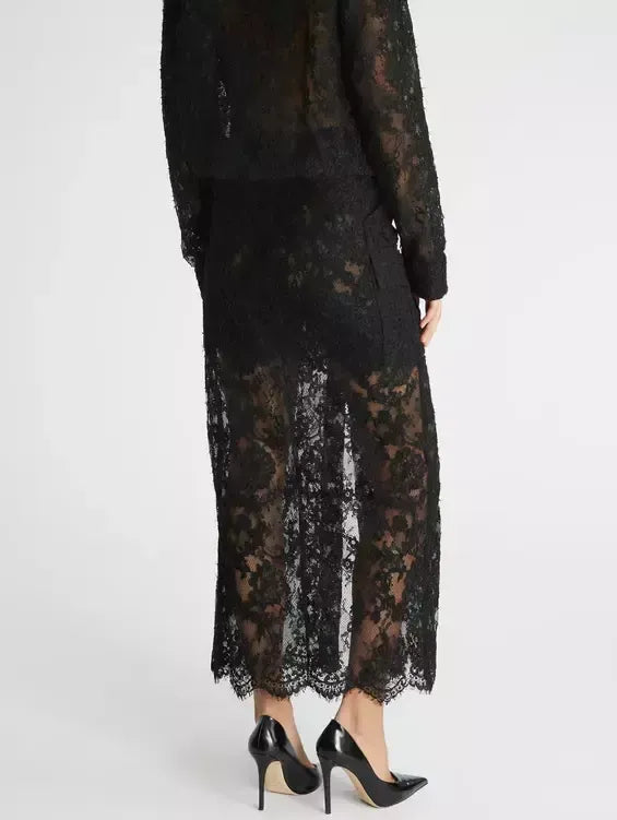 Belted Black Lace Midi Skirt - Skirts