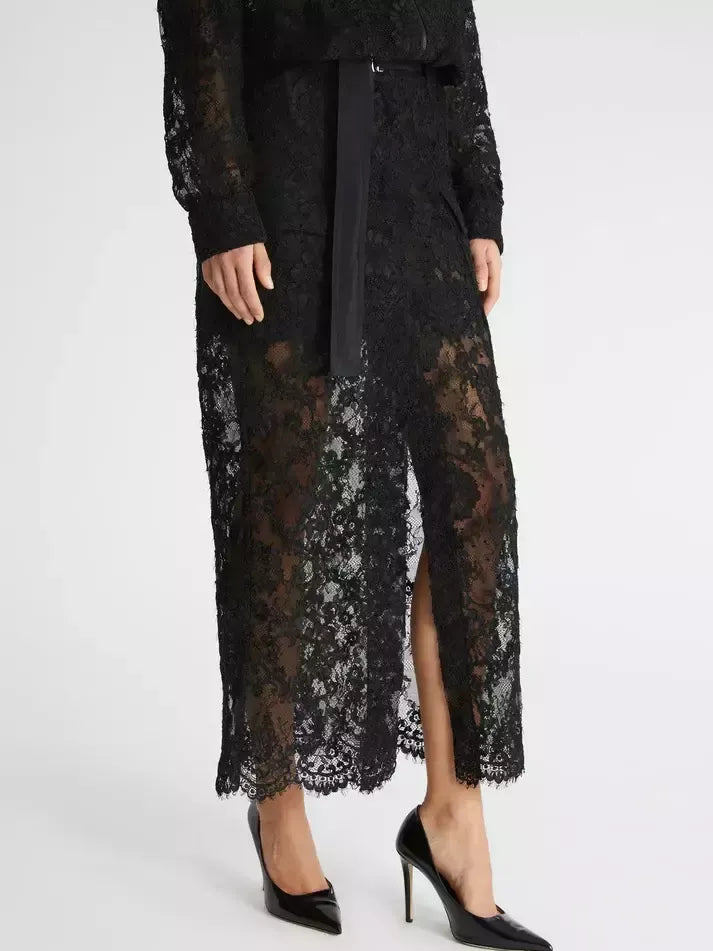 Belted Black Lace Midi Skirt - Skirts