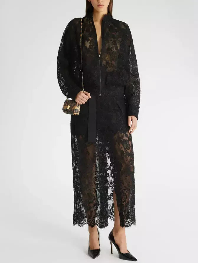Belted Black Lace Midi Skirt - Skirts