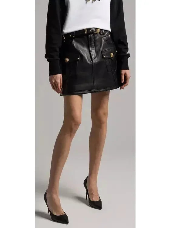 Belted Black Leather Western Mini Skirt - Skirts