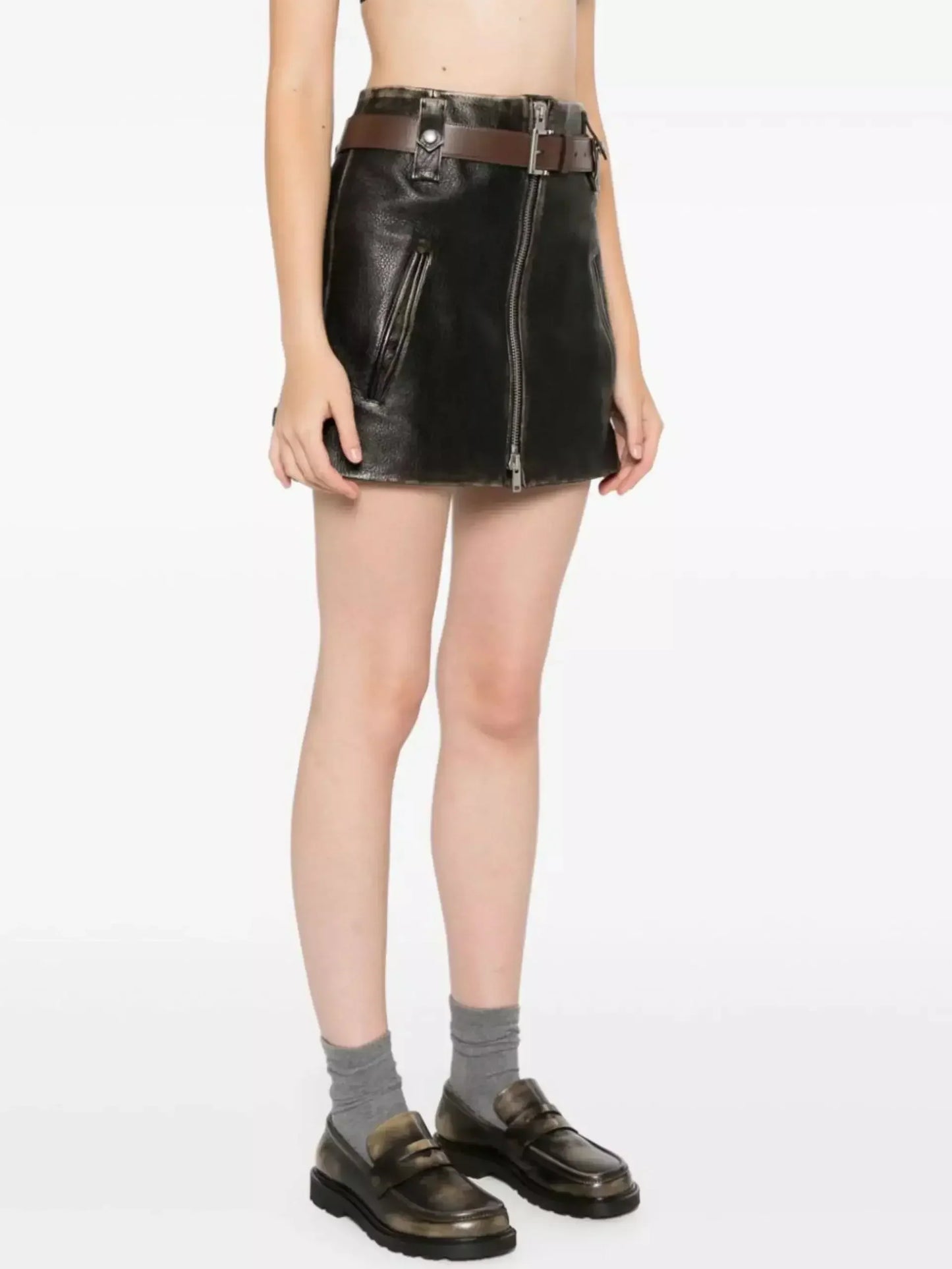 Belted Black Leather Zip Mini Skirt - Skirts