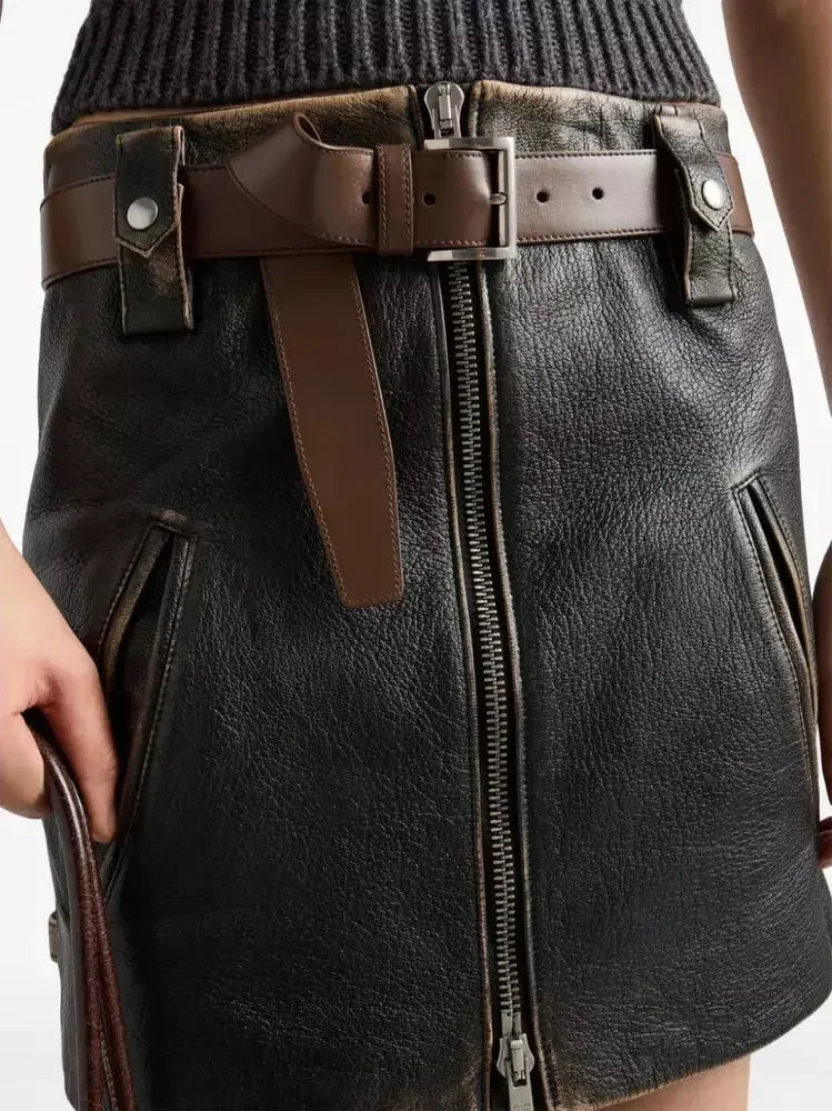 Belted Black Leather Zip Mini Skirt - Skirts