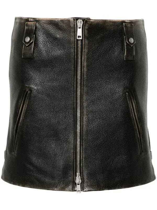 Belted Black Leather Zip Mini Skirt - Skirts