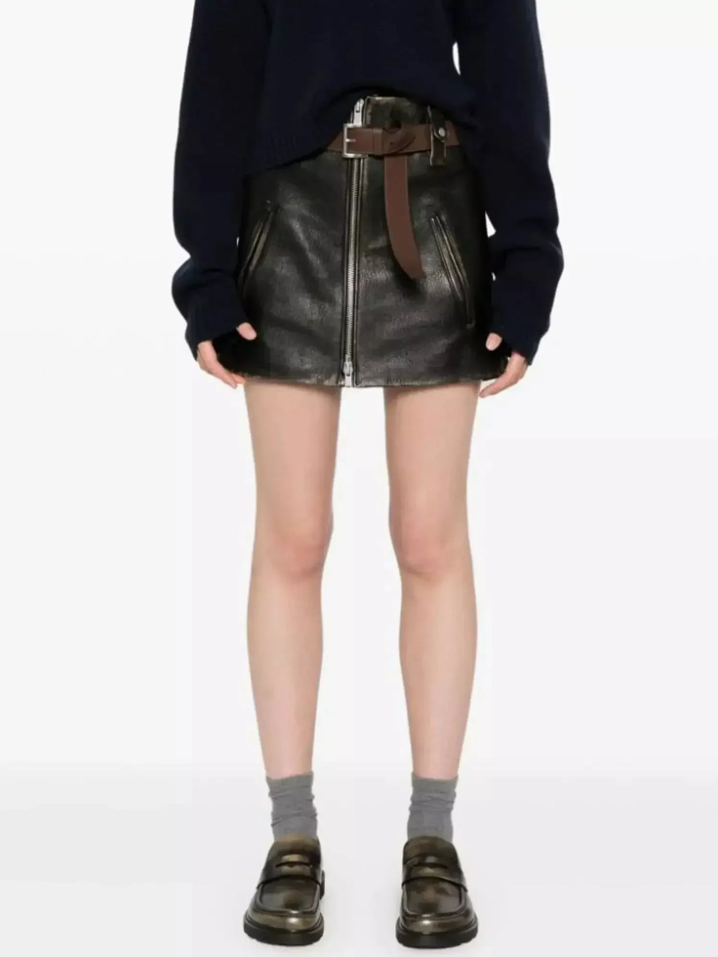 Belted Black Leather Zip Mini Skirt - Skirts