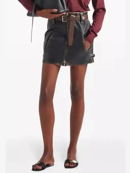 Belted Black Leather Zip Mini Skirt - Skirts