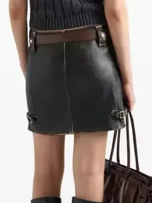 Belted Black Leather Zip Mini Skirt - Skirts