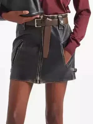 Belted Black Leather Zip Mini Skirt - Skirts