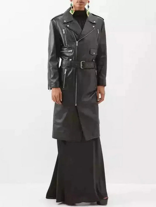 Belted Black Leather Zip-Pocket Midi Biker Coat - Coats