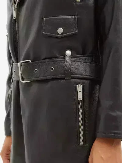 Belted Black Leather Zip-Pocket Midi Biker Coat - Coats