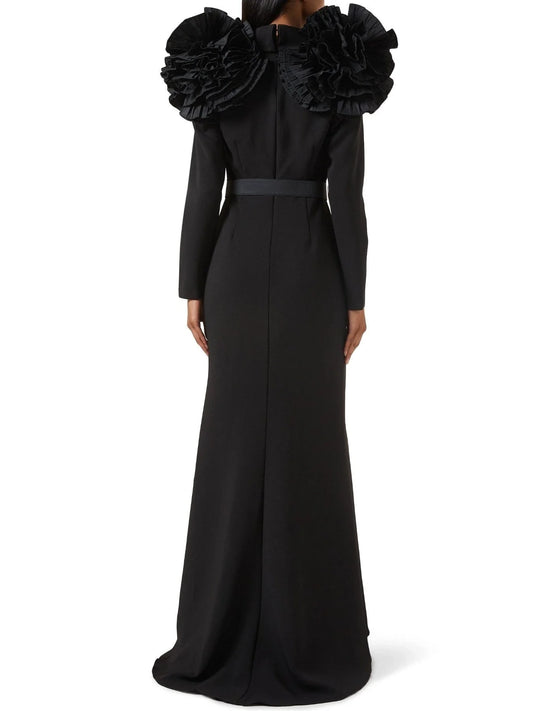 Belted Black Ruffled Shoulder Crepe Buttoned Gown - Dresses