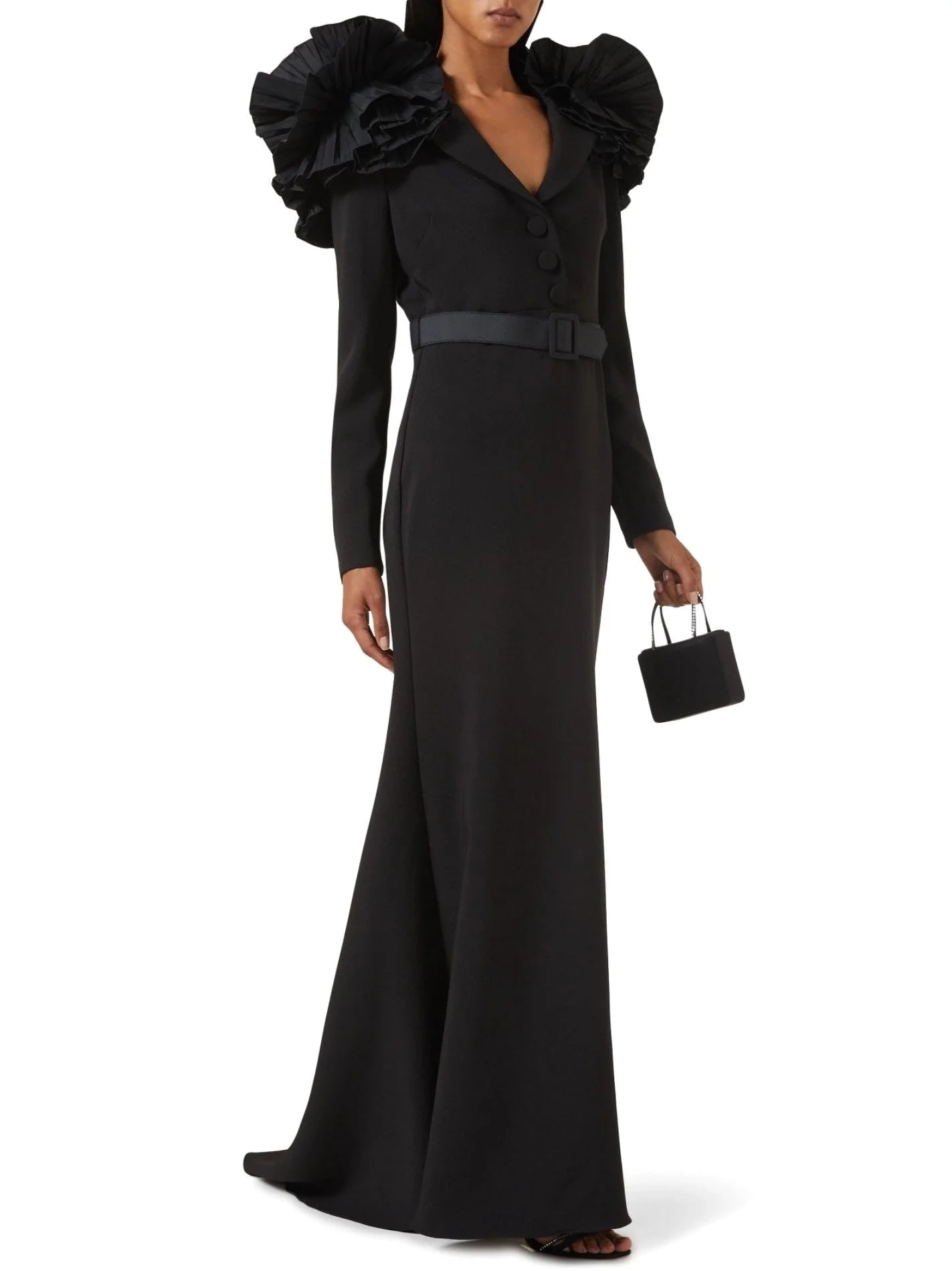 Belted Black Ruffled Shoulder Crepe Buttoned Gown - Dresses